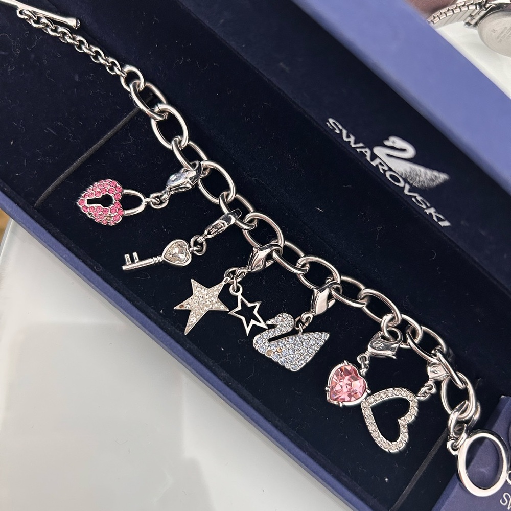 Swarovski Silver and Pink Charm Bracelet